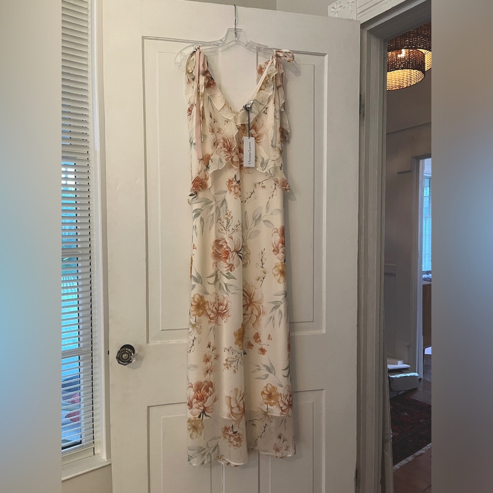 Christian LaCroix Floral Slip Maxi Dress w Tie Straps and Ruffles L